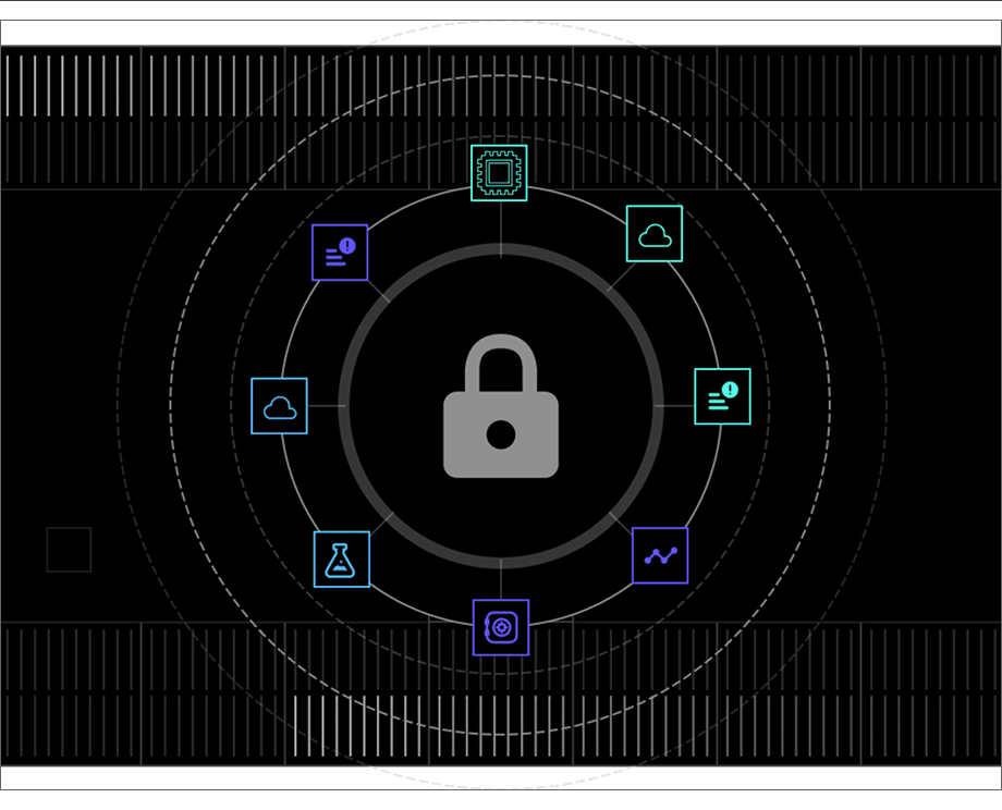 Security and reliability illustration with lock icon surrounded by technology symbols