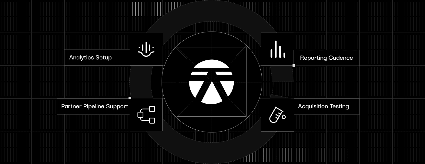 Growth systems diagram showing Analytics Setup, Reporting Cadence, Partner Pipeline Support, and Acquisition Testing around Sky Venture Labs logo