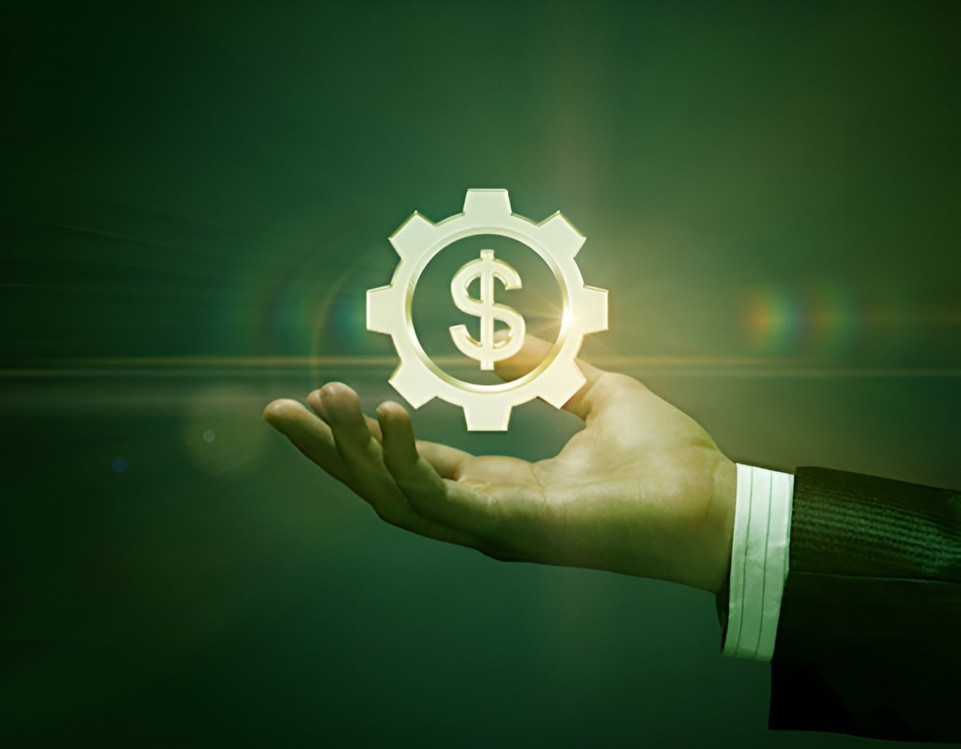 A hand holding a glowing financial system icon